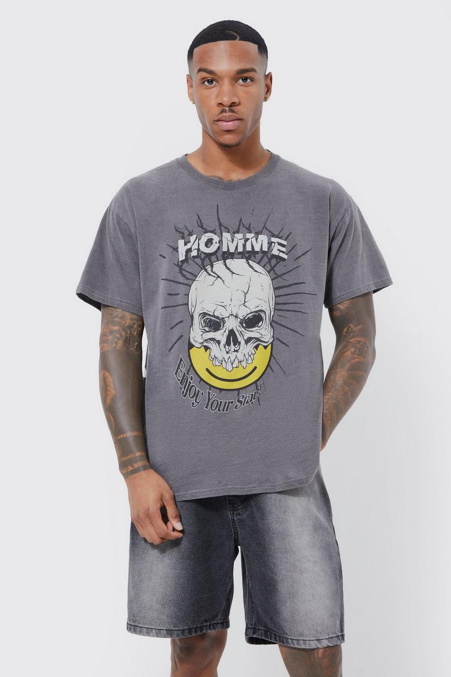 Charcoal Oversized Overdye Homme Schedel T-Shirt Met Print