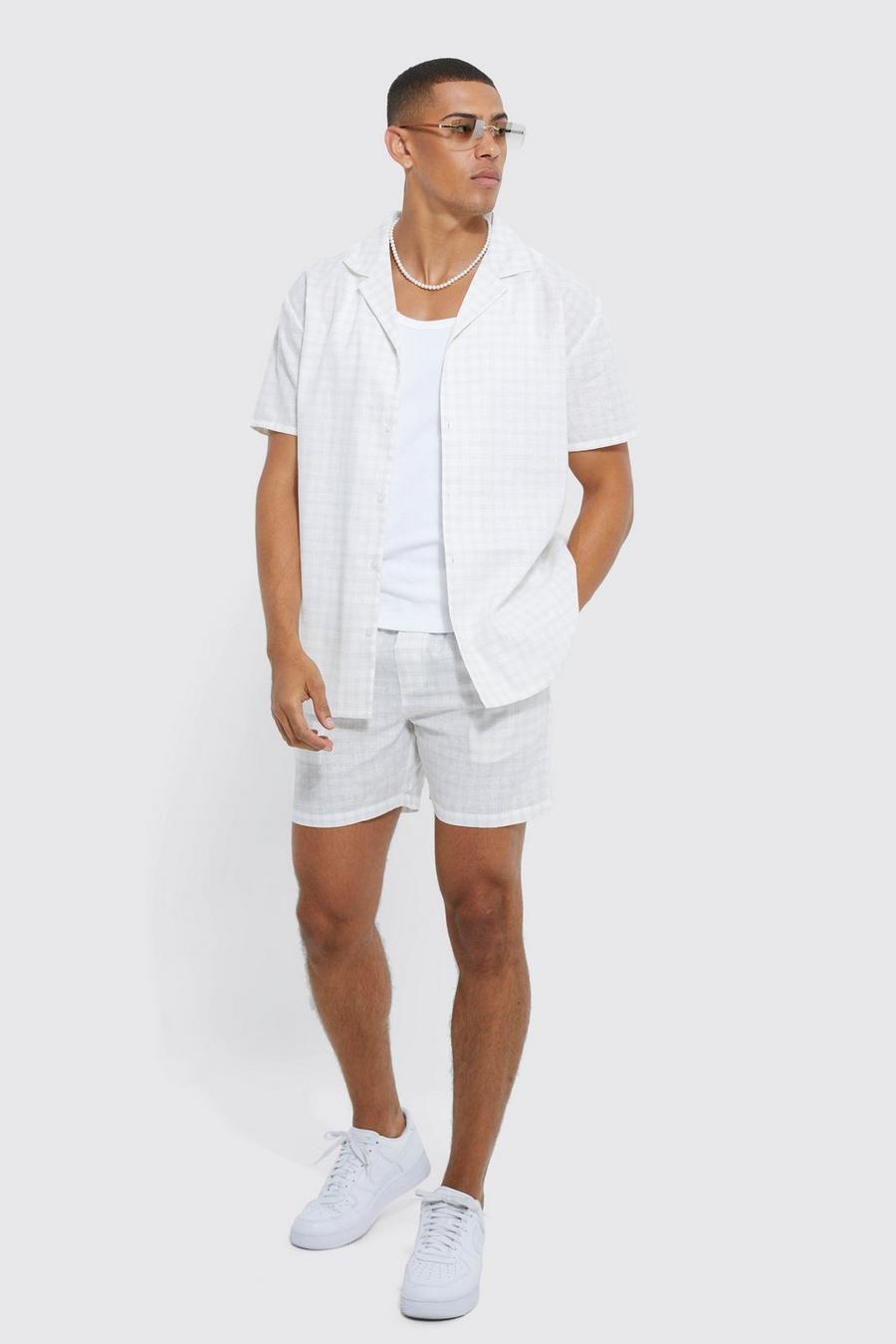 Ecru white Short Sleeve Oversized Grid Check Shirt & Short 