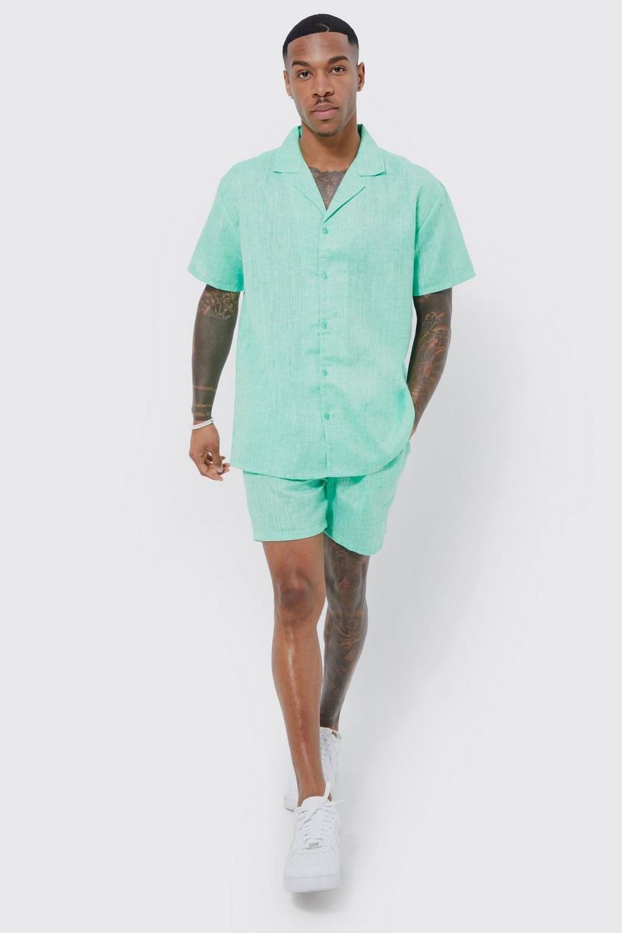Green Short Sleeve Oversized Linen Look Shirt And Short
