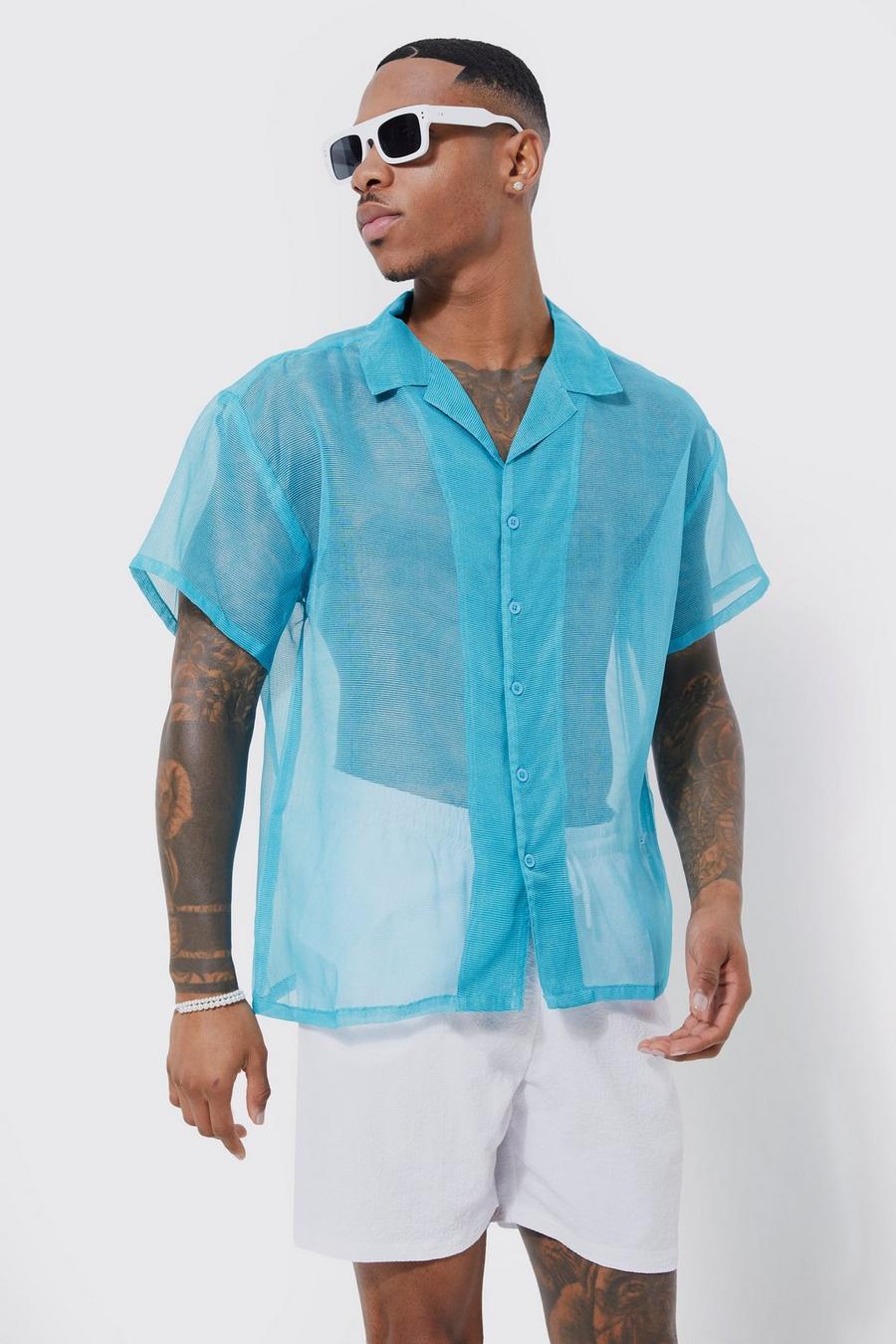 Camicia squadrata semi-trasparente a maniche corte, Blue image number 1