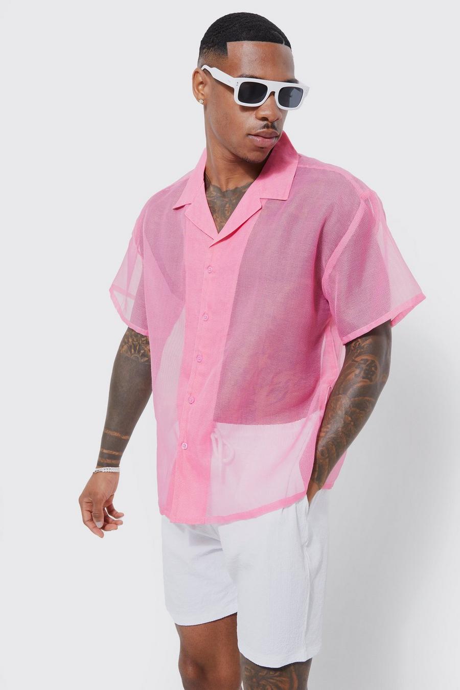 Camicia squadrata semi-trasparente a maniche corte, Pink image number 1