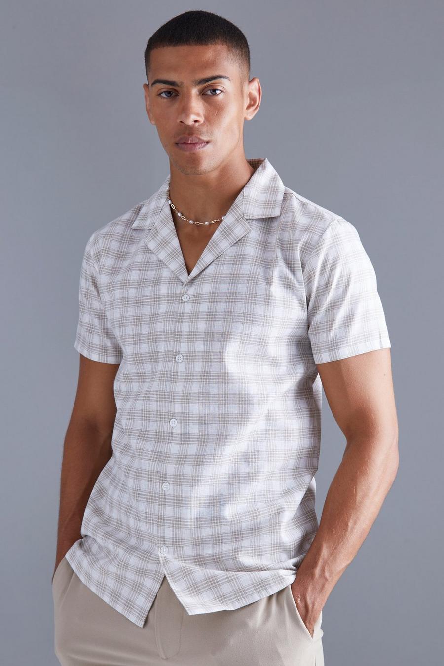 Ecru Short Sleeve Oversized Grid Check Shirt image number 1