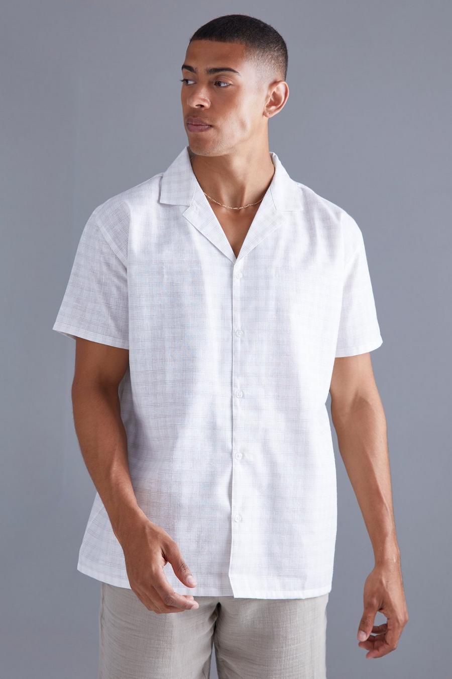 Camisa oversize de manga corta con estampado de cuadros, Ecru blanco