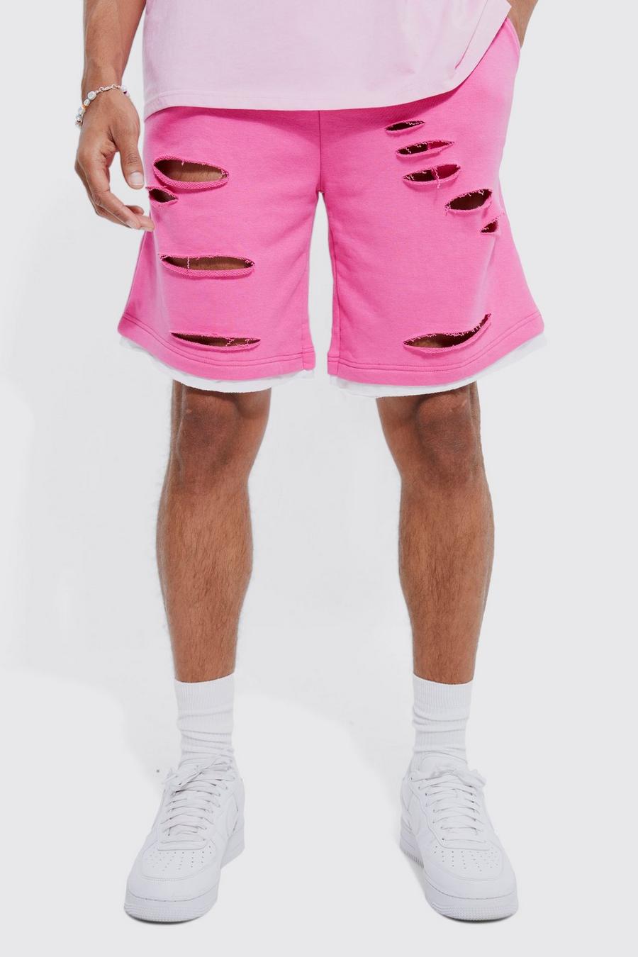 Pink Oversized Mid Length Distressed Short