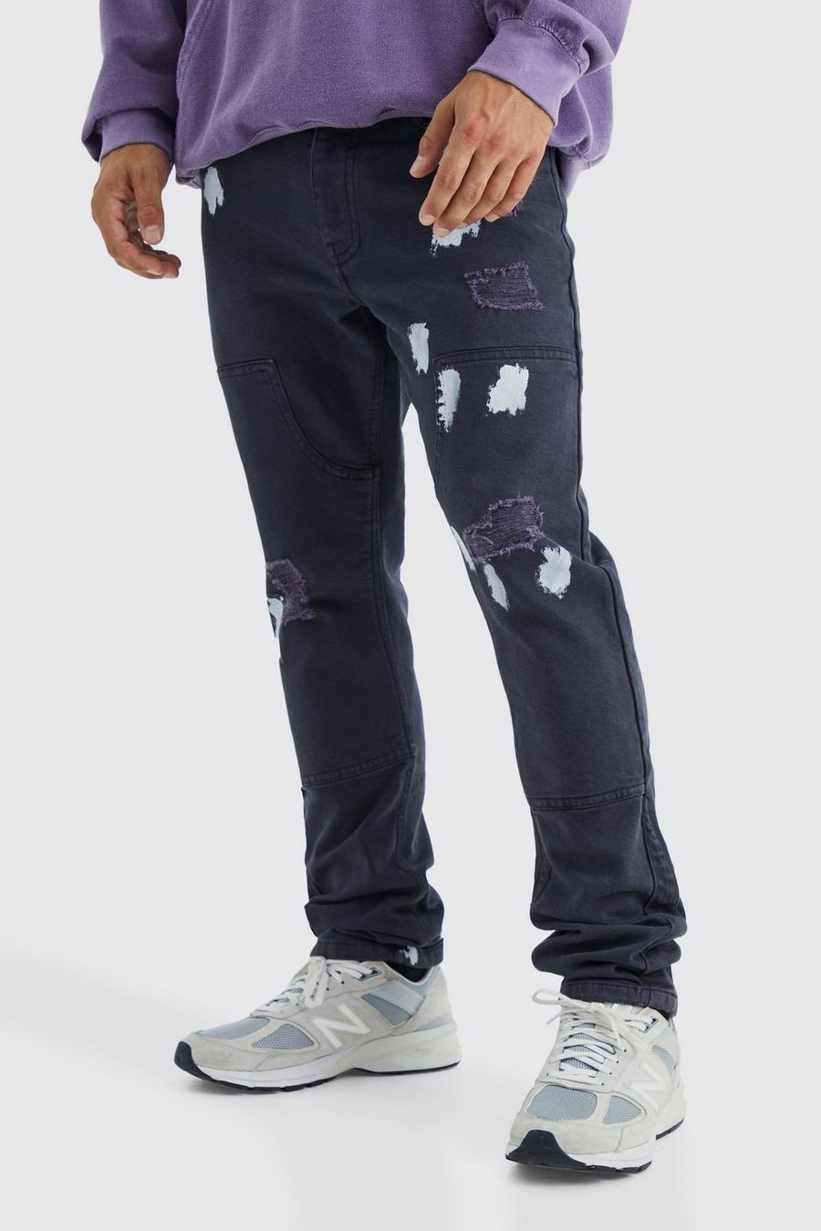 Jeans Slim Fit con pannelli da lavoro e schizzi di colore, Mid grey image number 1