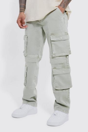 Relaxed Fit Acid Wash Multi Pocket Cargo Jeans sage