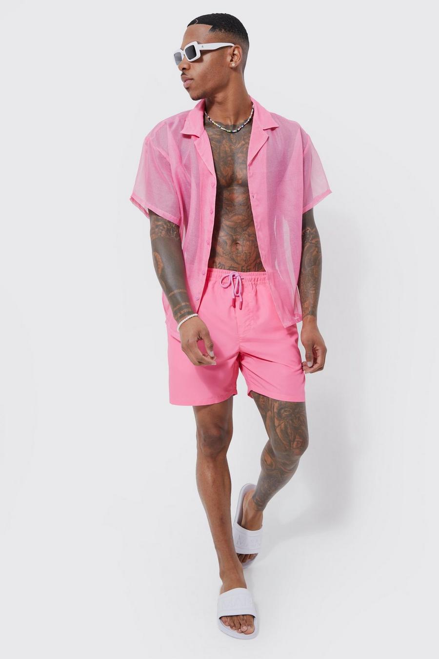 Kurzärmliges kastiges transparentes Hemd & Badehose, Pink