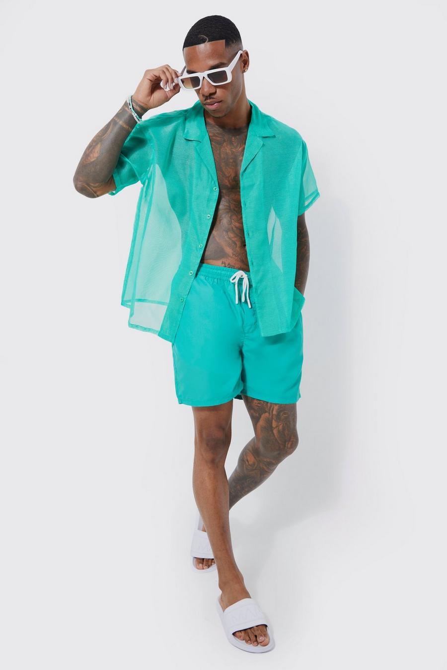 Green Short Sleeve Boxy Sheer Shirt & Swim