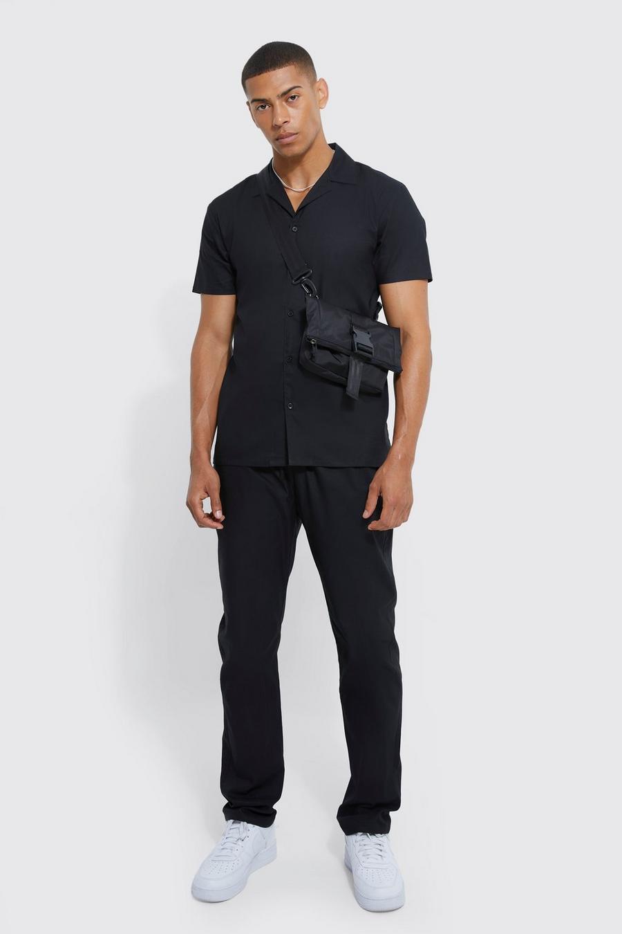 Black Short Sleeve Stretch Shirt & Slim Pants image number 1