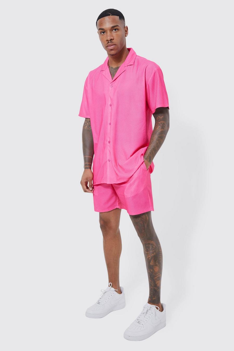 Kurzärmliges Oversize Mesh-Hemd & Shorts, Pink rose