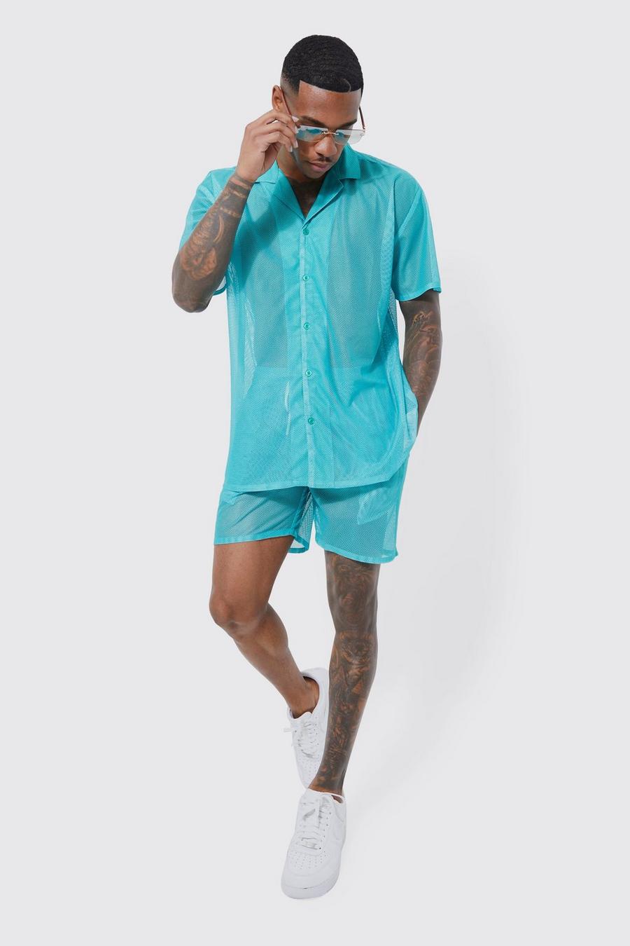 Pantalón corto y camisa oversize de malla y manga corta, Aqua azzurro
