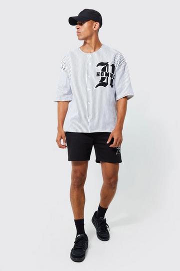 Black Oversized Homme Pinstripe Baseball Polo And Short Set