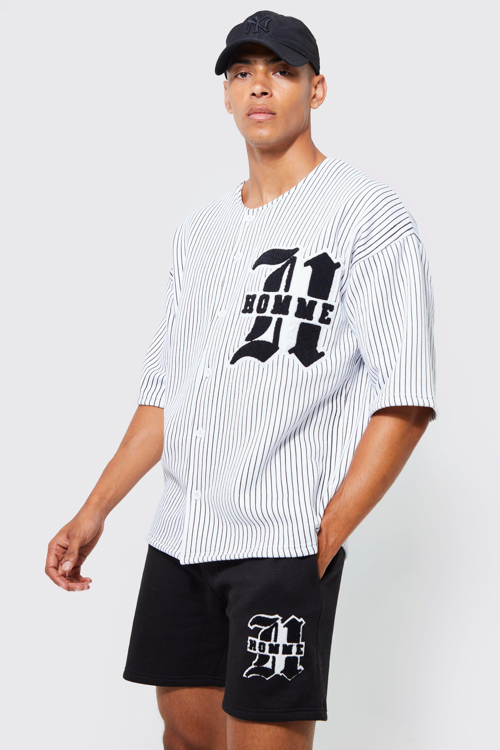 Oversized Homme Pinstripe Baseball Polo And Short Set boohoo