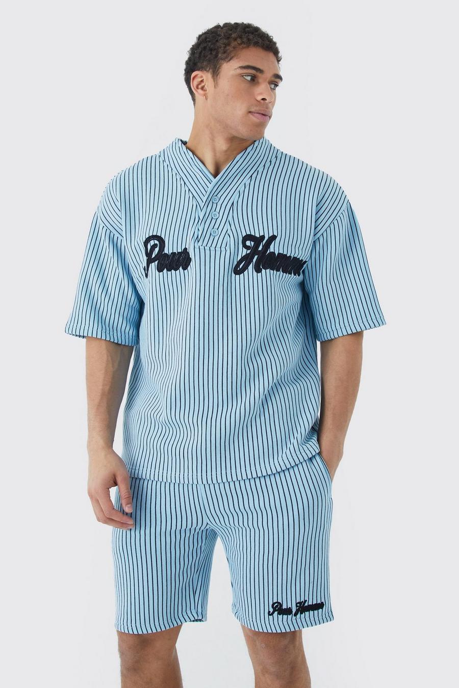 Light blue Oversize randig baseballskjorta och shorts image number 1
