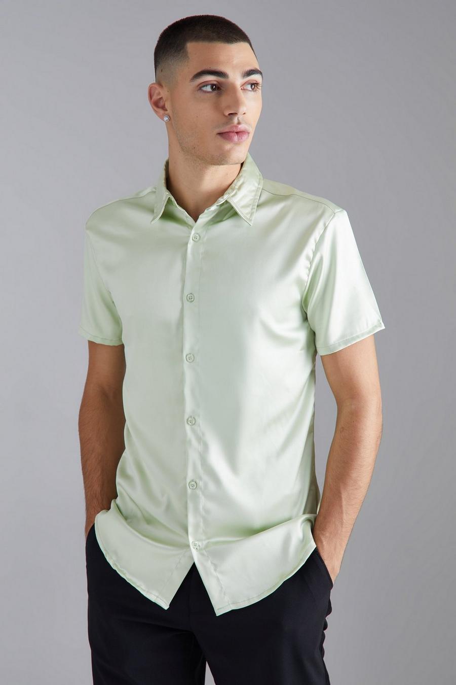 Taupe Short Sleeve Muscle Fit Men Satin Shirt