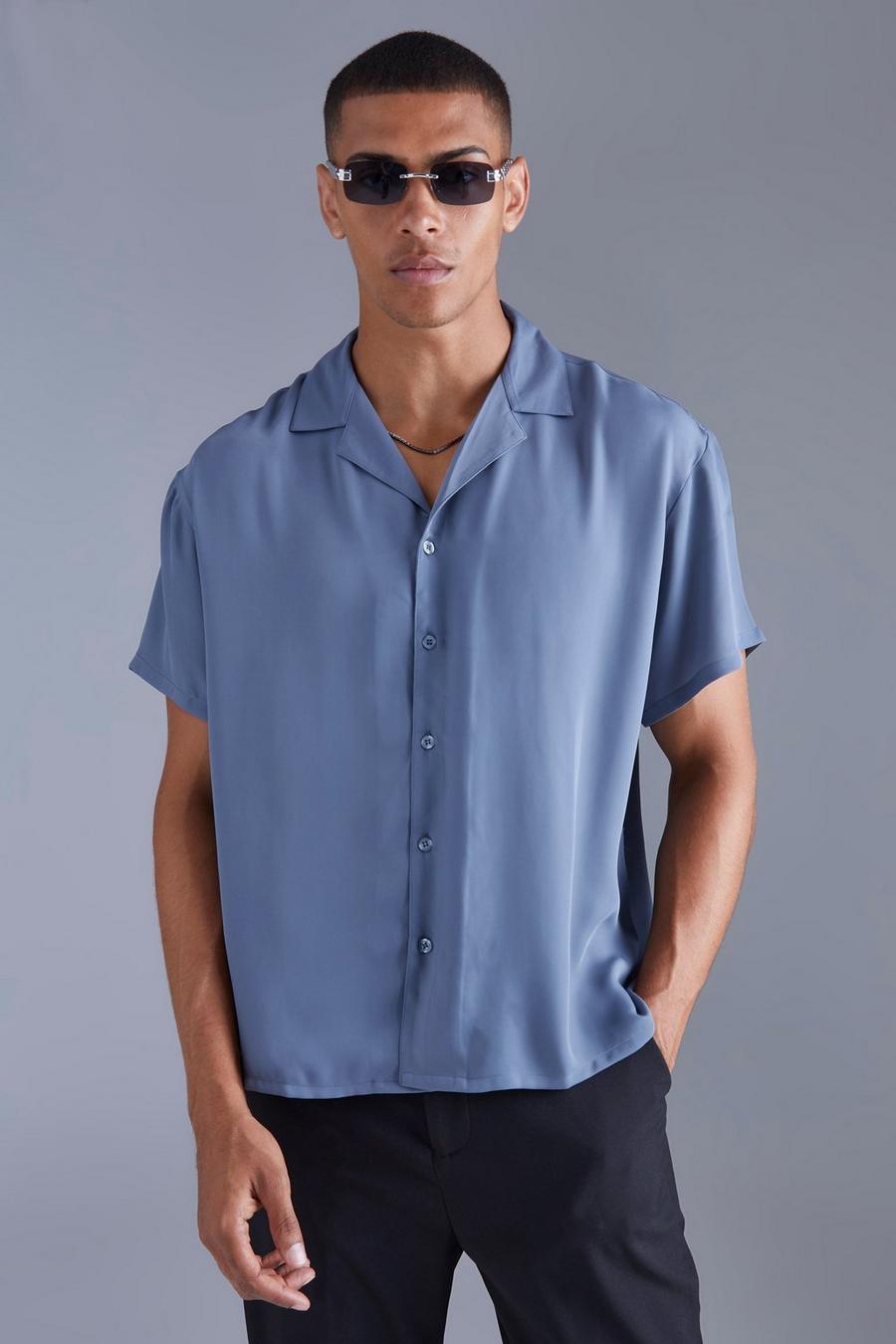 Blue blå Short Sleeve Boxy Smart Stretch Shirt