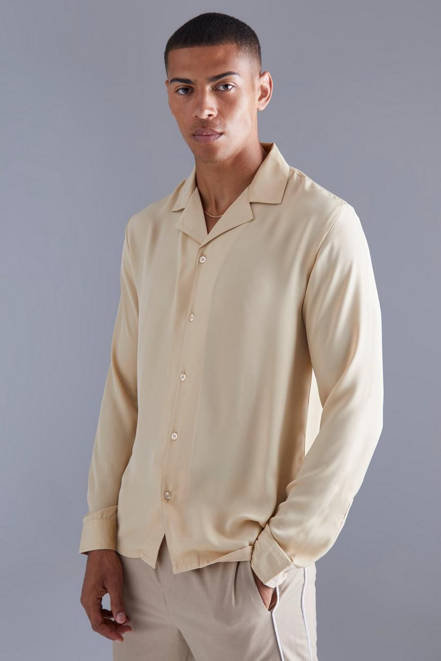 Camisa elegante elástica de manga larga con solapas, Stone beige