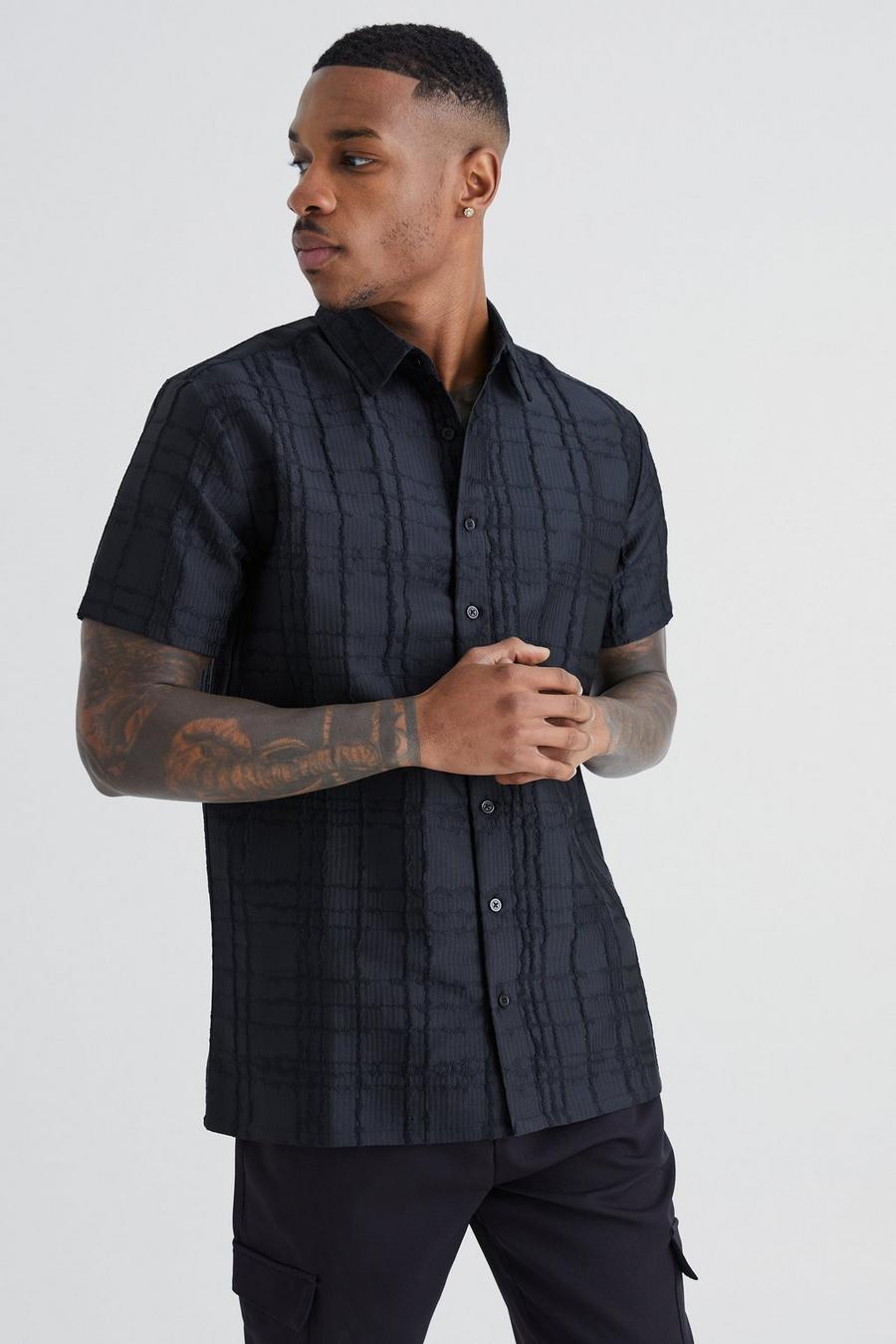 Black nero Short Sleeve Textured Tonal Check Shirt
