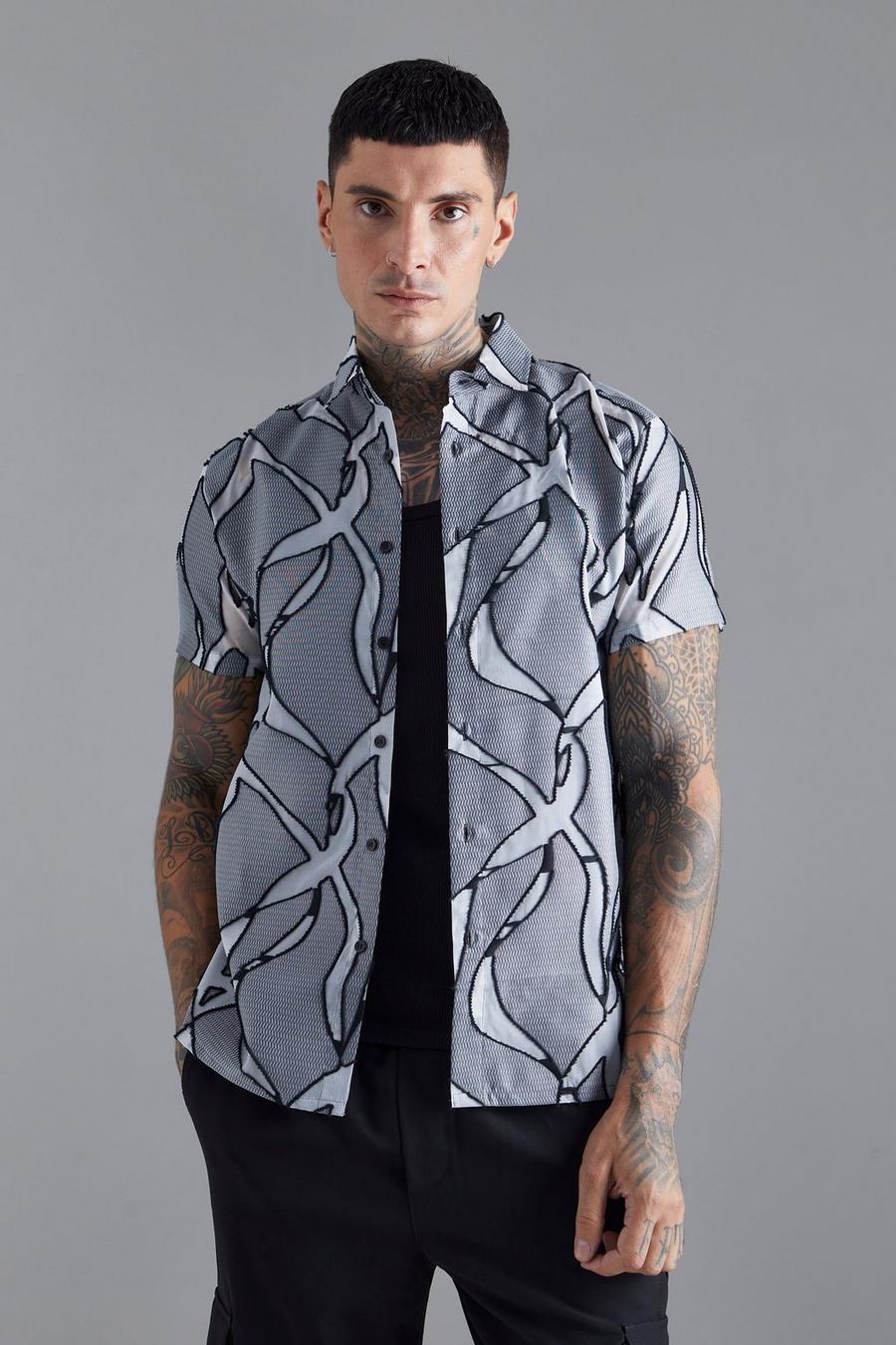 Camicia Smart semi-trasparente a maniche corte con stampa astratta, Black image number 1