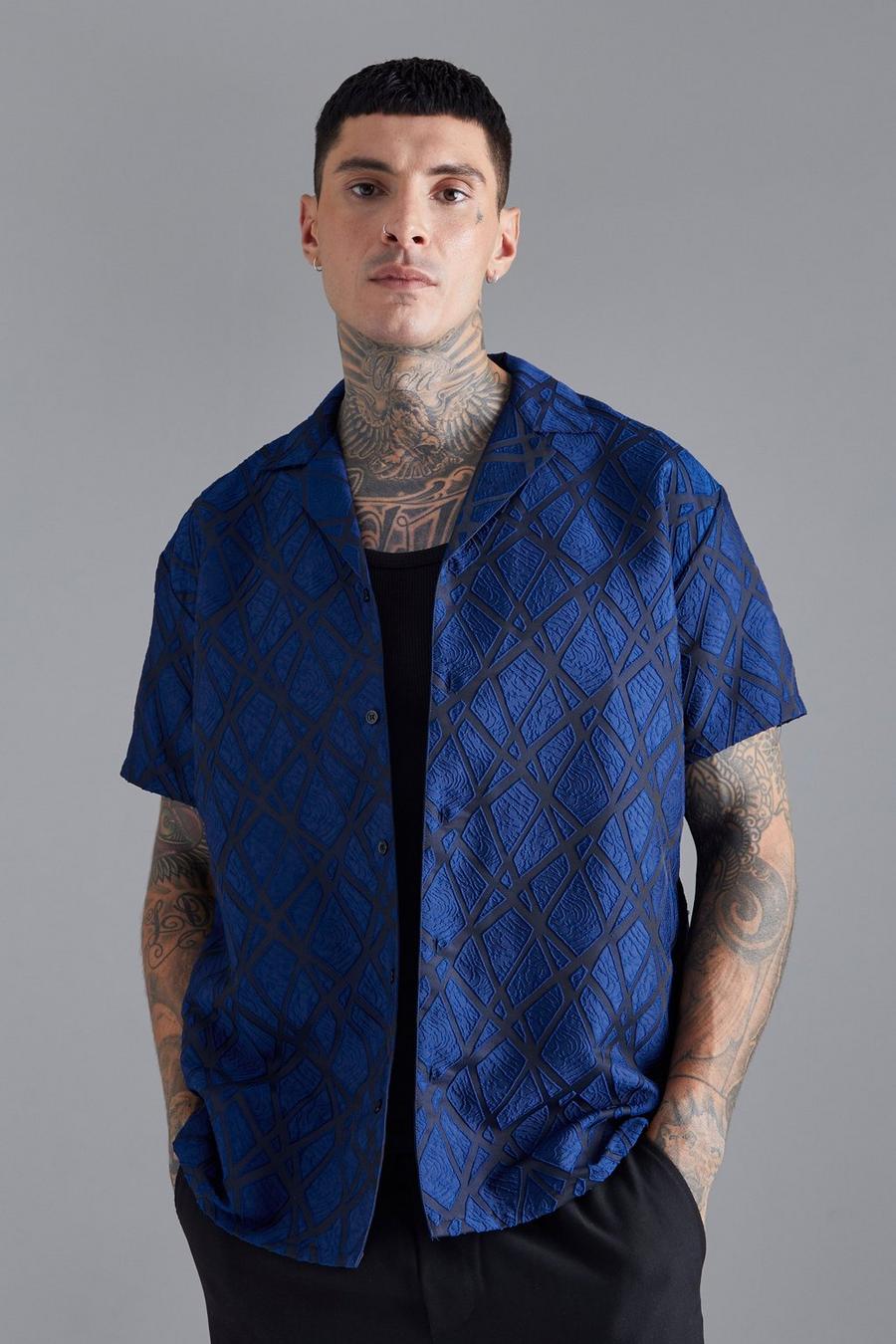 Blue Short Sleeve Oversized Sheer Geo Shirt