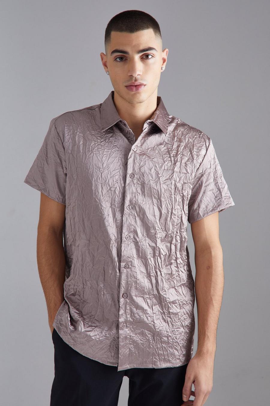 Grey Short Sleeve Crinkle Satin Sheen Shirt image number 1