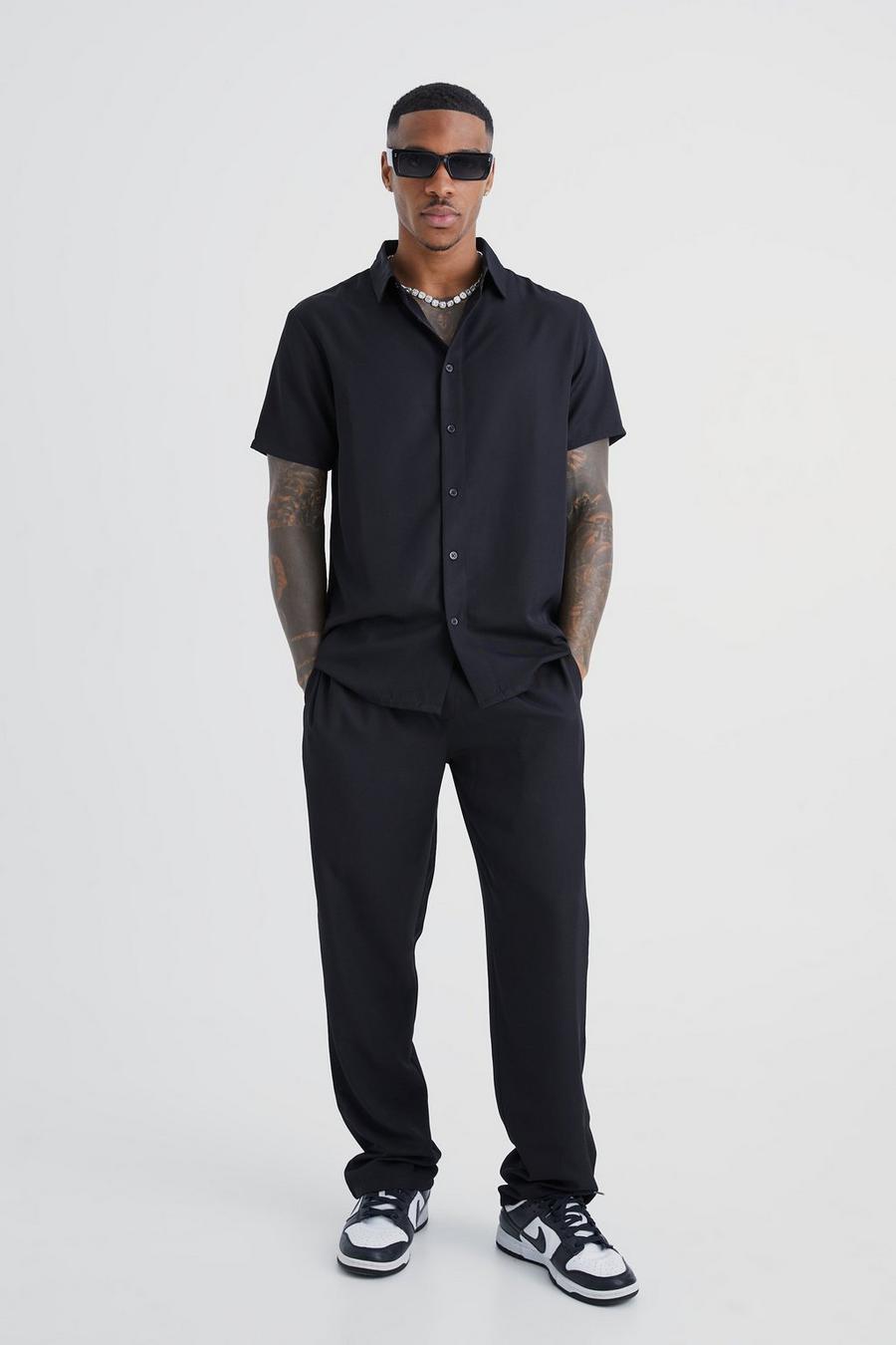 Camicia & pantaloni Smart a maniche corte in twill morbido, Black image number 1