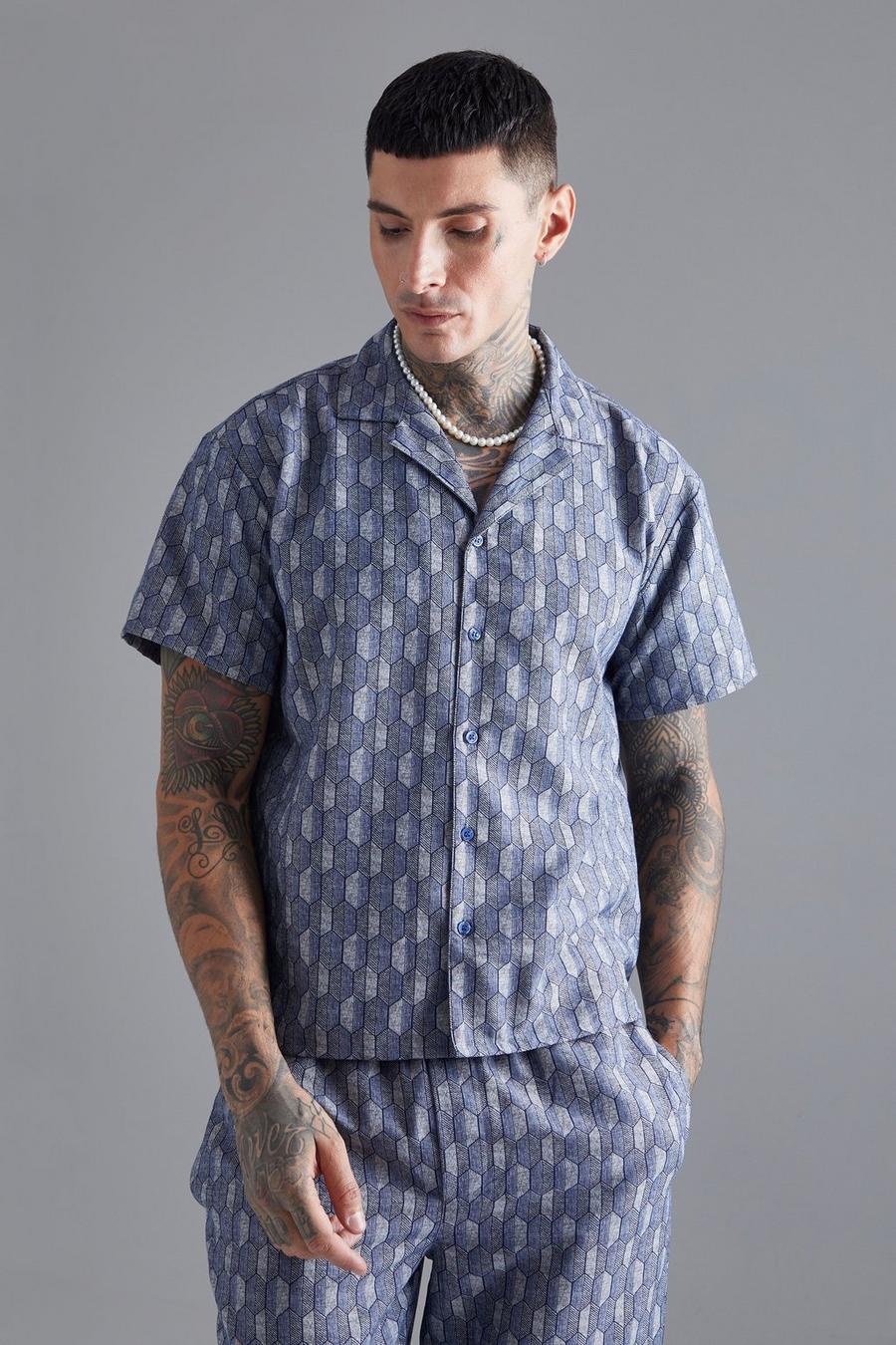 Camisa recta elegante de tela y manga corta con estampado geométrico, Navy blu oltremare