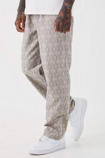 Stone Beige Elastic Waist Straight Woven Geo Trouser