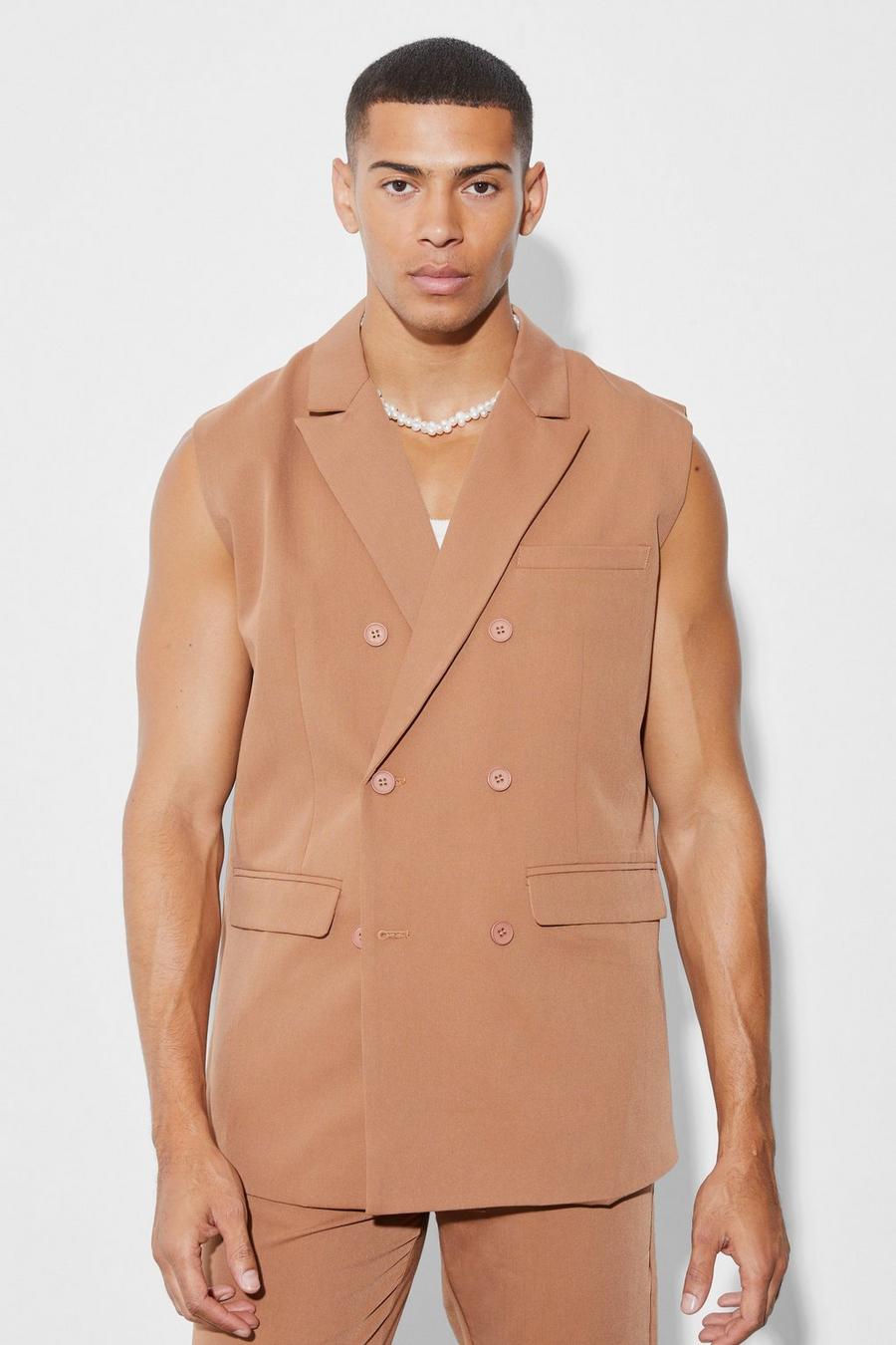 Tan Relaxed Fit Sleeveless Suit Jacket image number 1