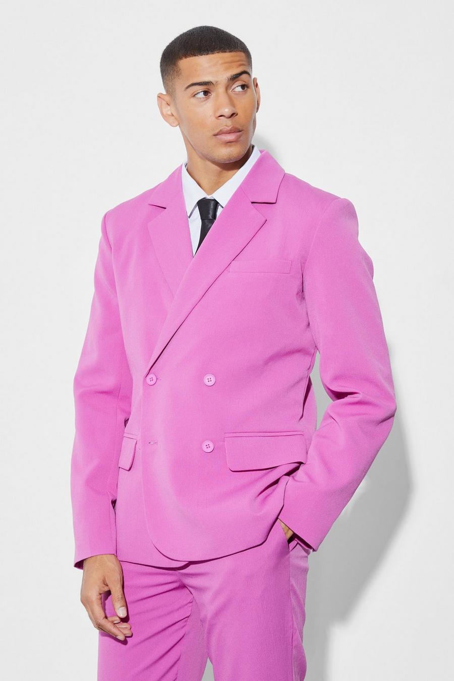 Pink Slim Double Breasted Crinkle Suit Jacket image number 1