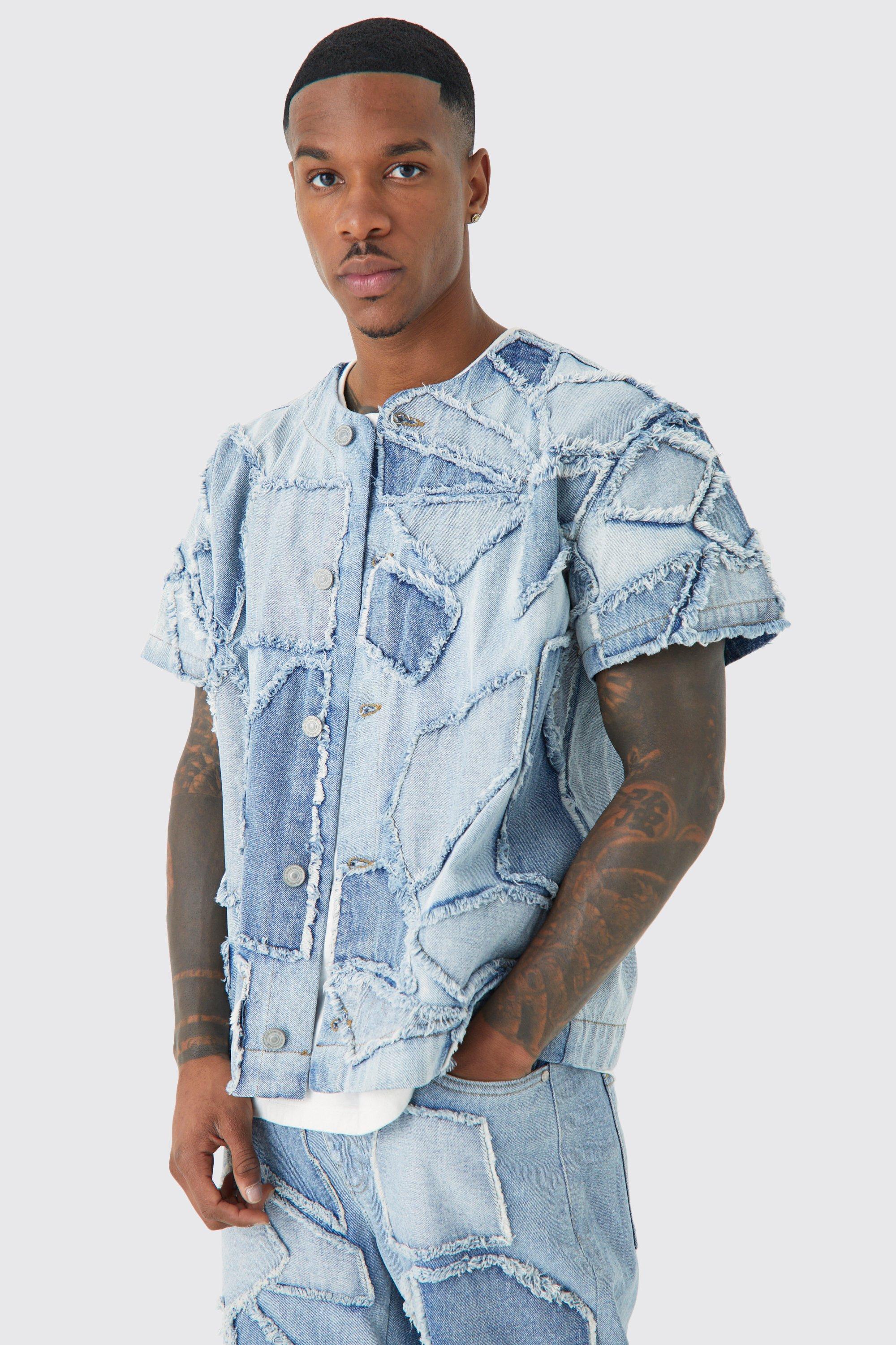 Light blue Distressed Patchwork Denim Baseball Shirt