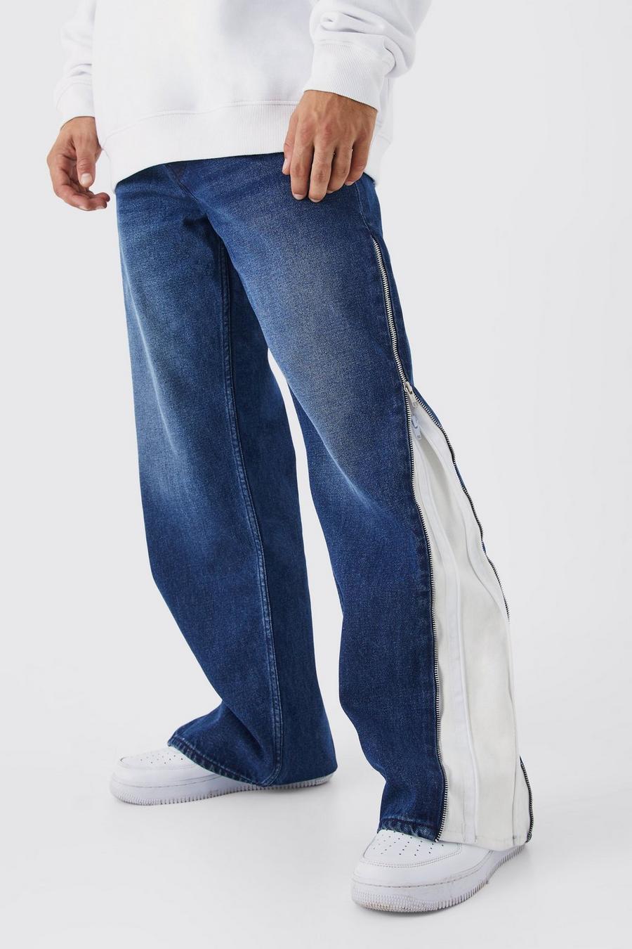 Lockere Kontrast-Jeans mit Reißverschlüssen, Indigo