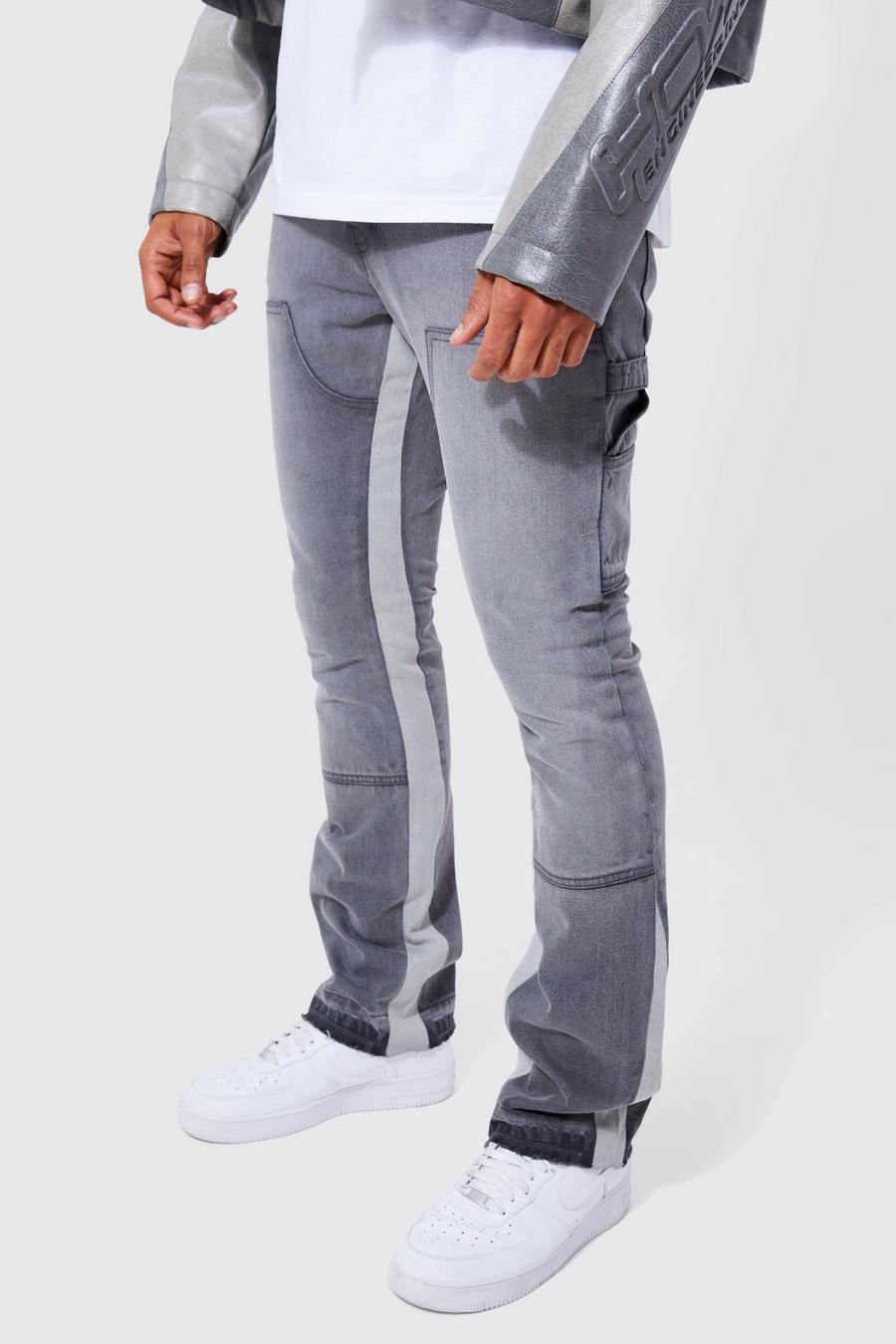 Jeans a zampa Slim Fit in denim rigido con inserti stile Carpenter, Grey image number 1