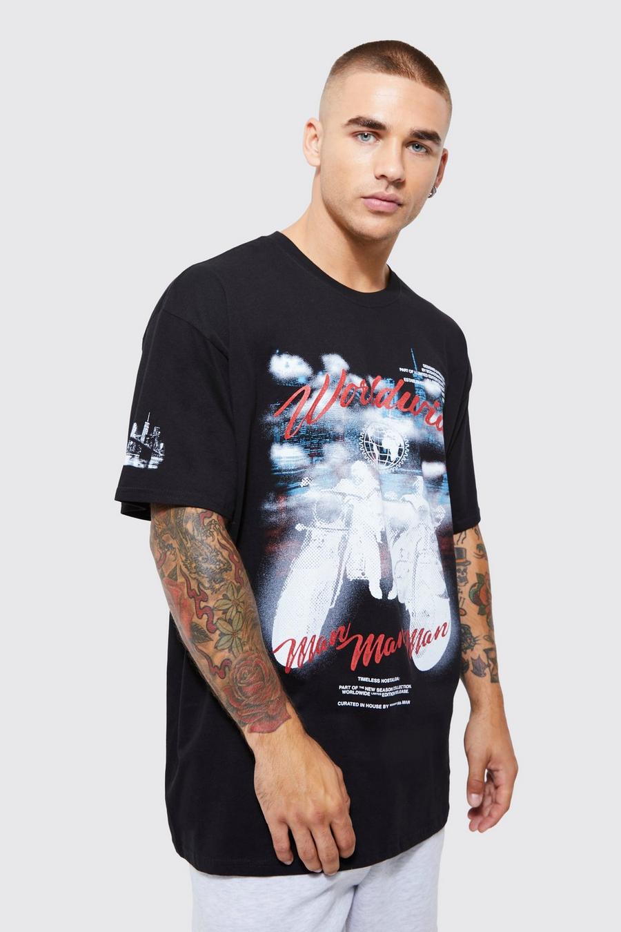 Black Oversized Moto City Scape Graphic T-shirt image number 1