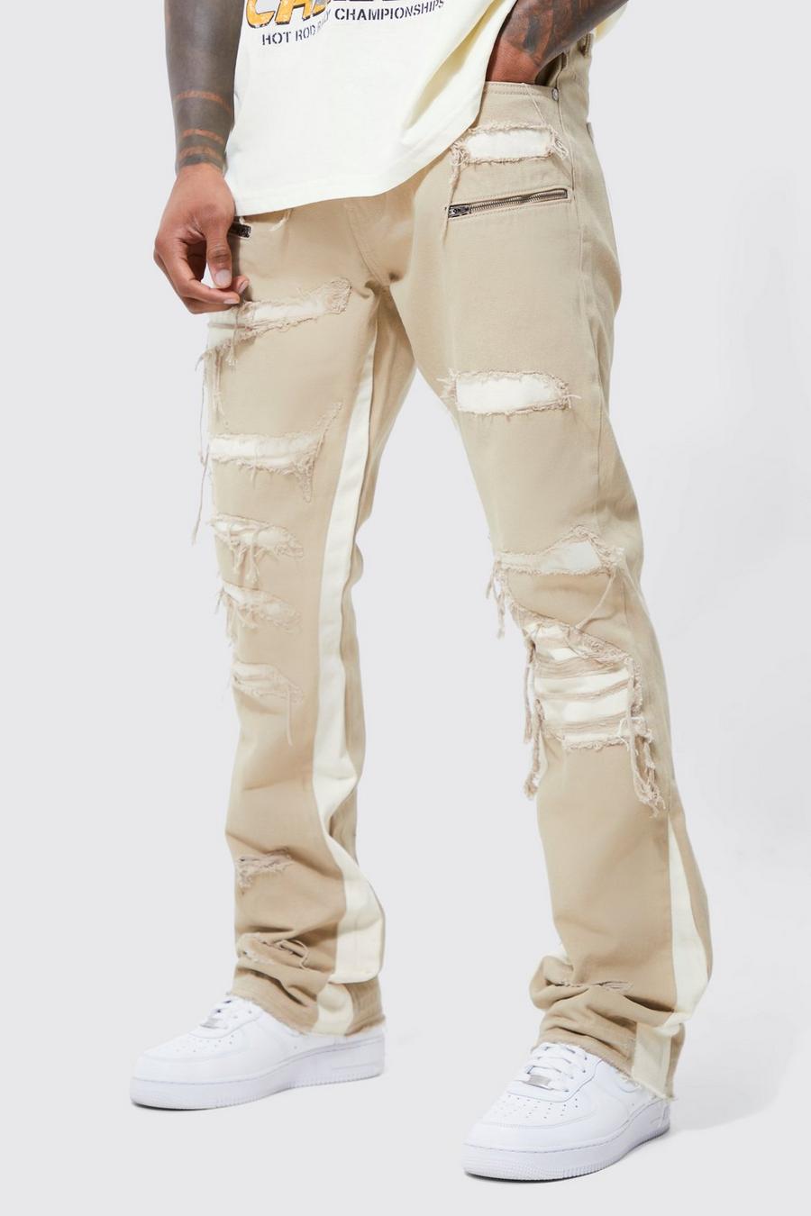 Stone beige Gescheurde Slim Fit Jeans Met Wijde Pijpen En Gusset Detail