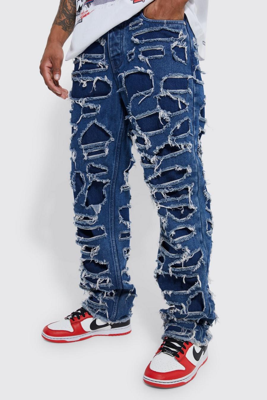 Lockere Jeans mit extremen Rissen, Mid blue
