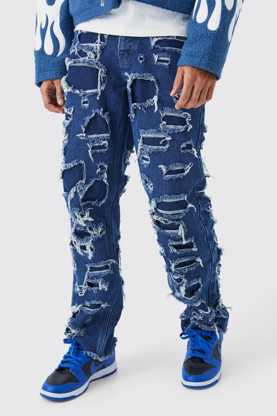 Lockere Jeans mit extremen Rissen, Dark blue bleu