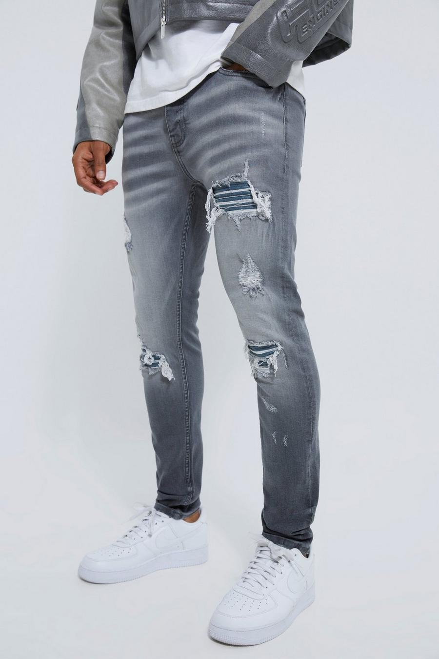 Skinny Biker Jeans aus Stretch mit Rissen und Flicken, Mid grey image number 1