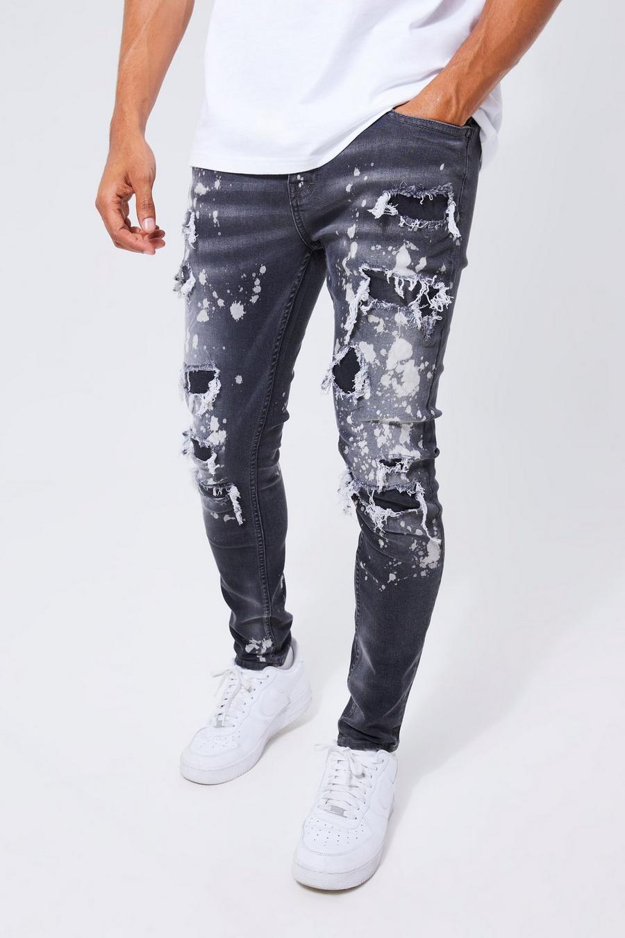 Grey Skinny Stetch All Over Ripped Bleached Jeans image number 1