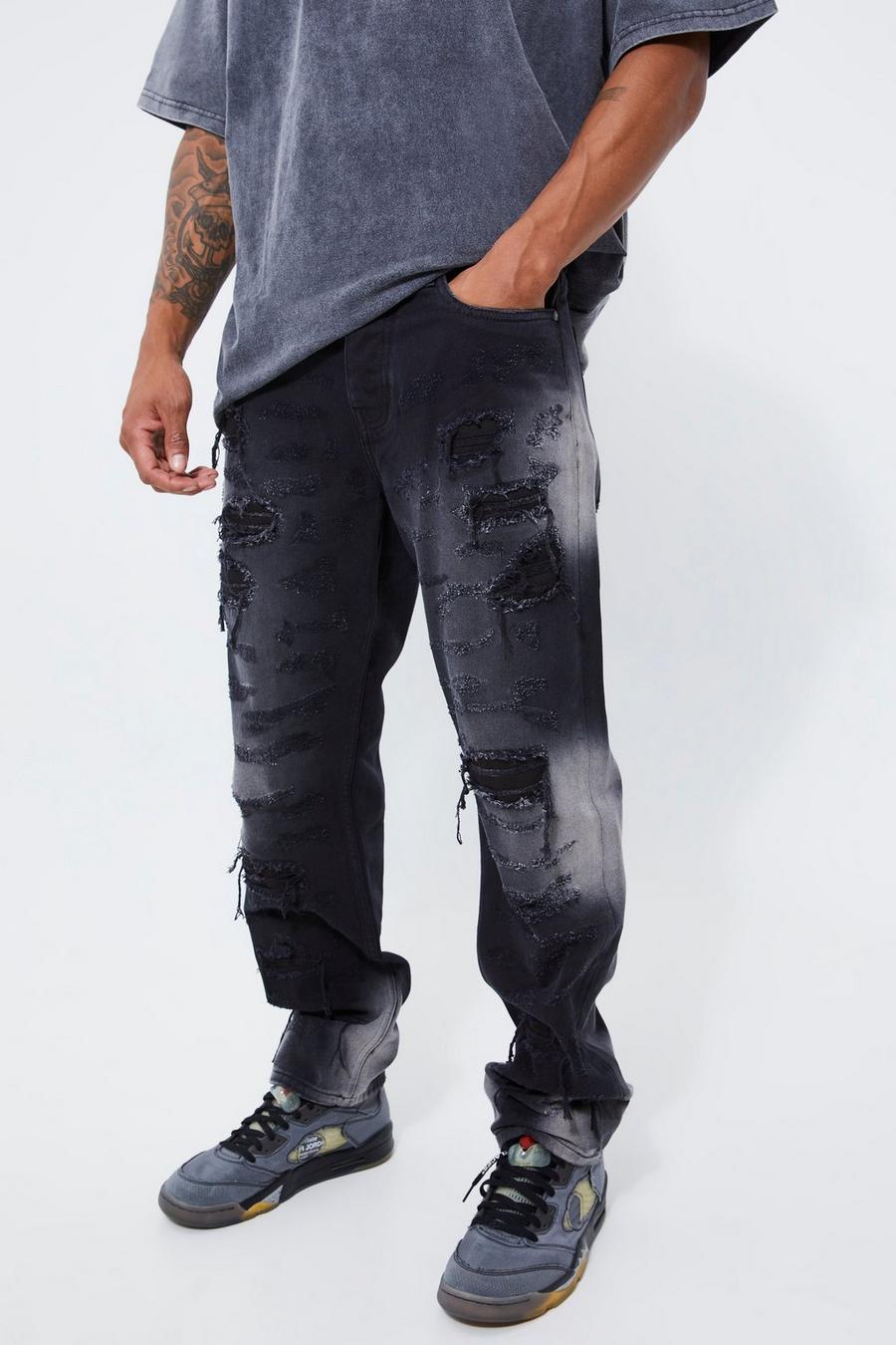 Washed black Relaxed Rigid All Over Distressed Jeans