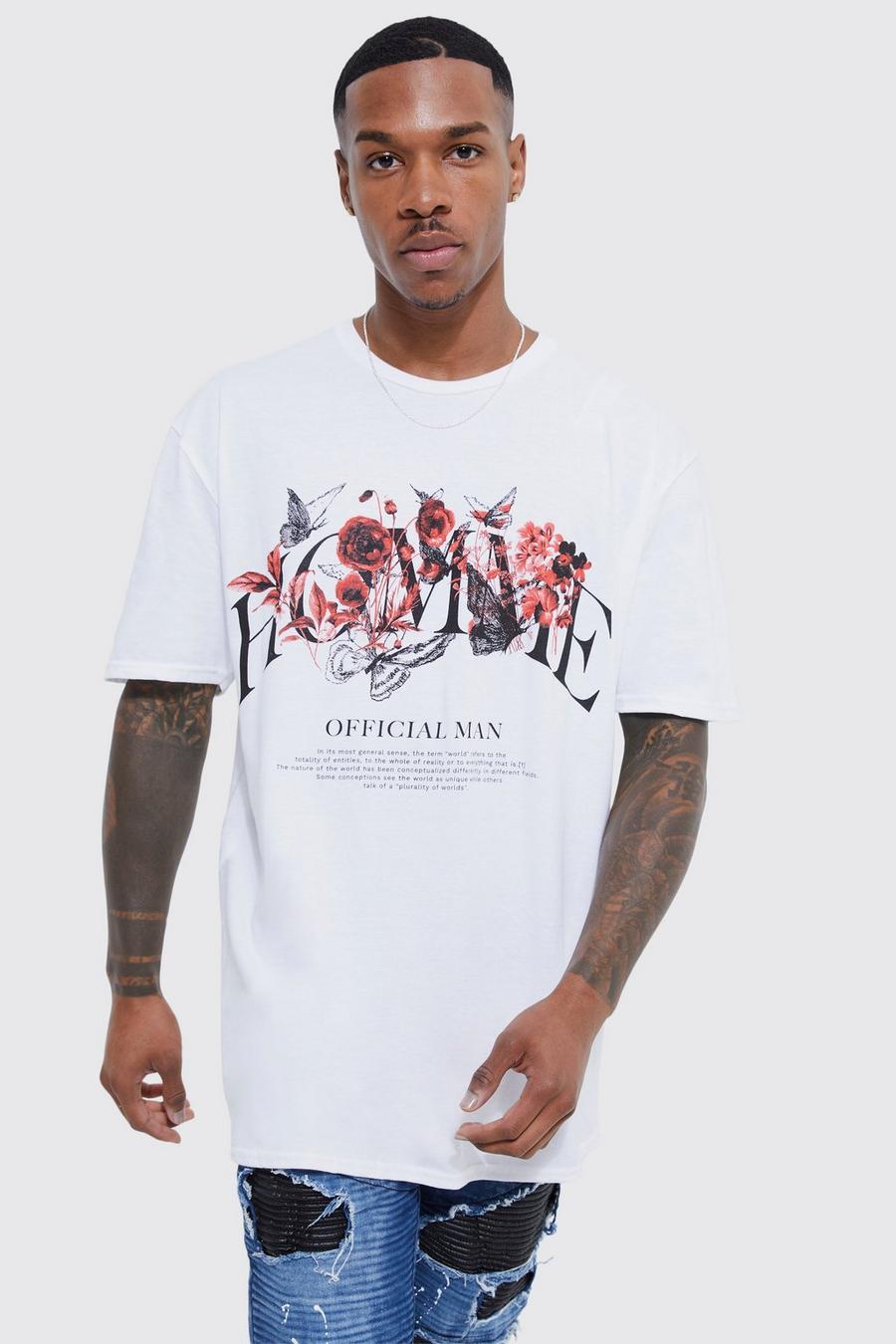 Oversize T-Shirt mit floralem Homme-Schriftzug, White