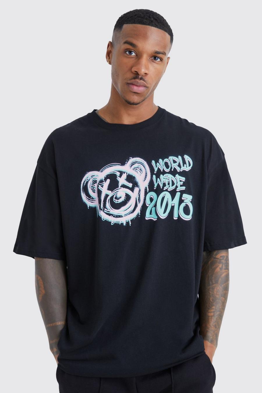 Black Oversized Worldwide Teddy T-Shirt Met Print