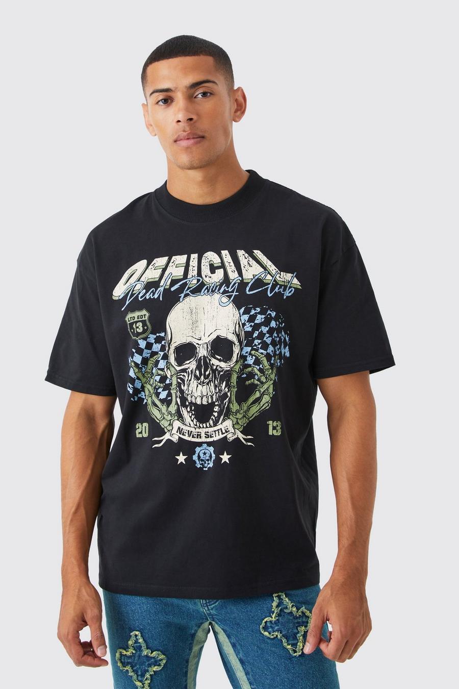 Camiseta oversize gruesa con estampado de motociclismo, Black image number 1