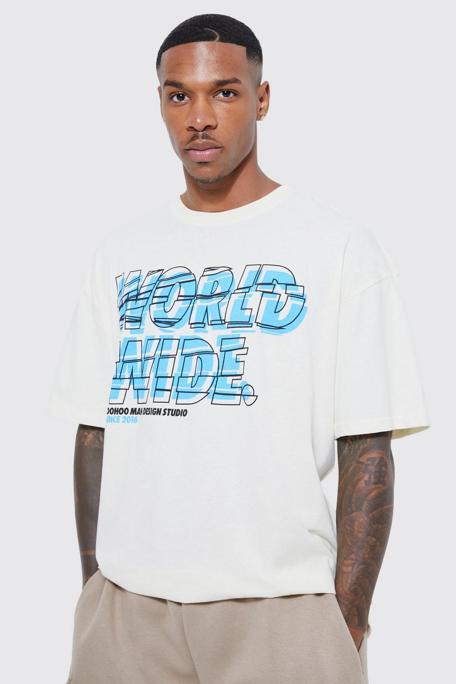 Ecru white Oversized Worldwide T-Shirt Met Tekst