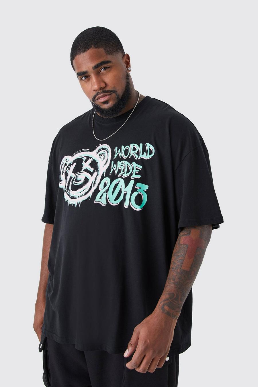 Black Plus Oversized Worldwide Teddy T-Shirt Met Print