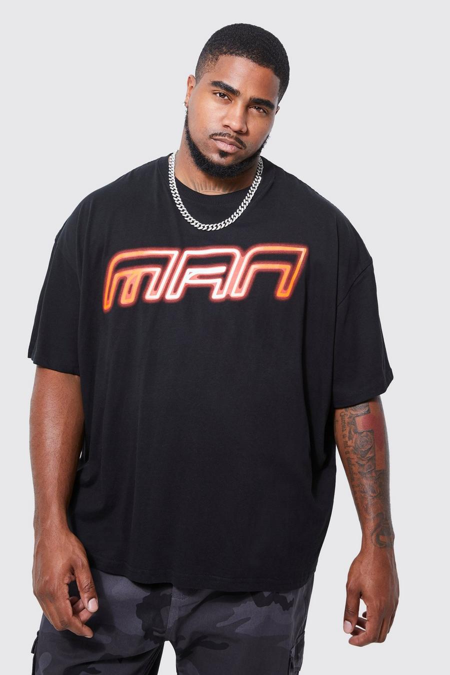 T-shirt Plus Size squadrata oversize con stampa Man in colori fluo, Black image number 1