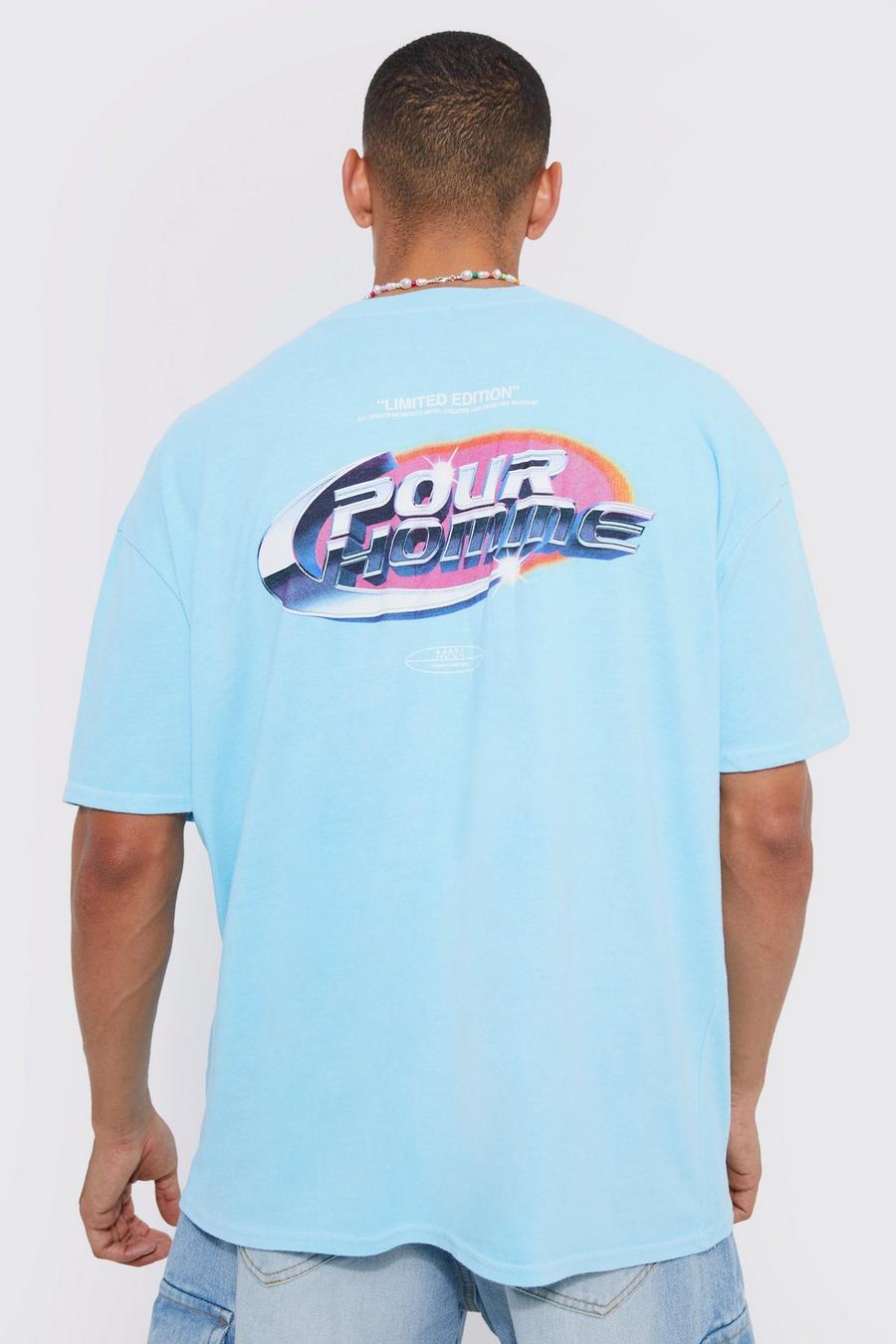 Camiseta oversize con cuello extendido y estampado cromado, Aqua image number 1