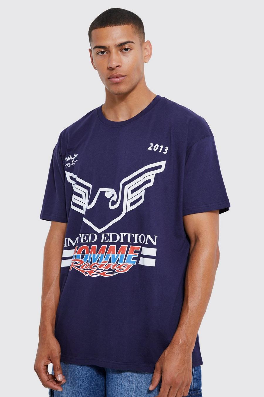 Navy Oversized Moto Racing T-Shirt Met Print image number 1
