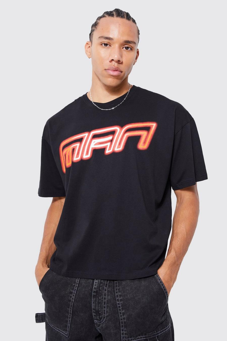 Tall kastiges Oversize Neon T-Shirt mit Man-Print, Black noir