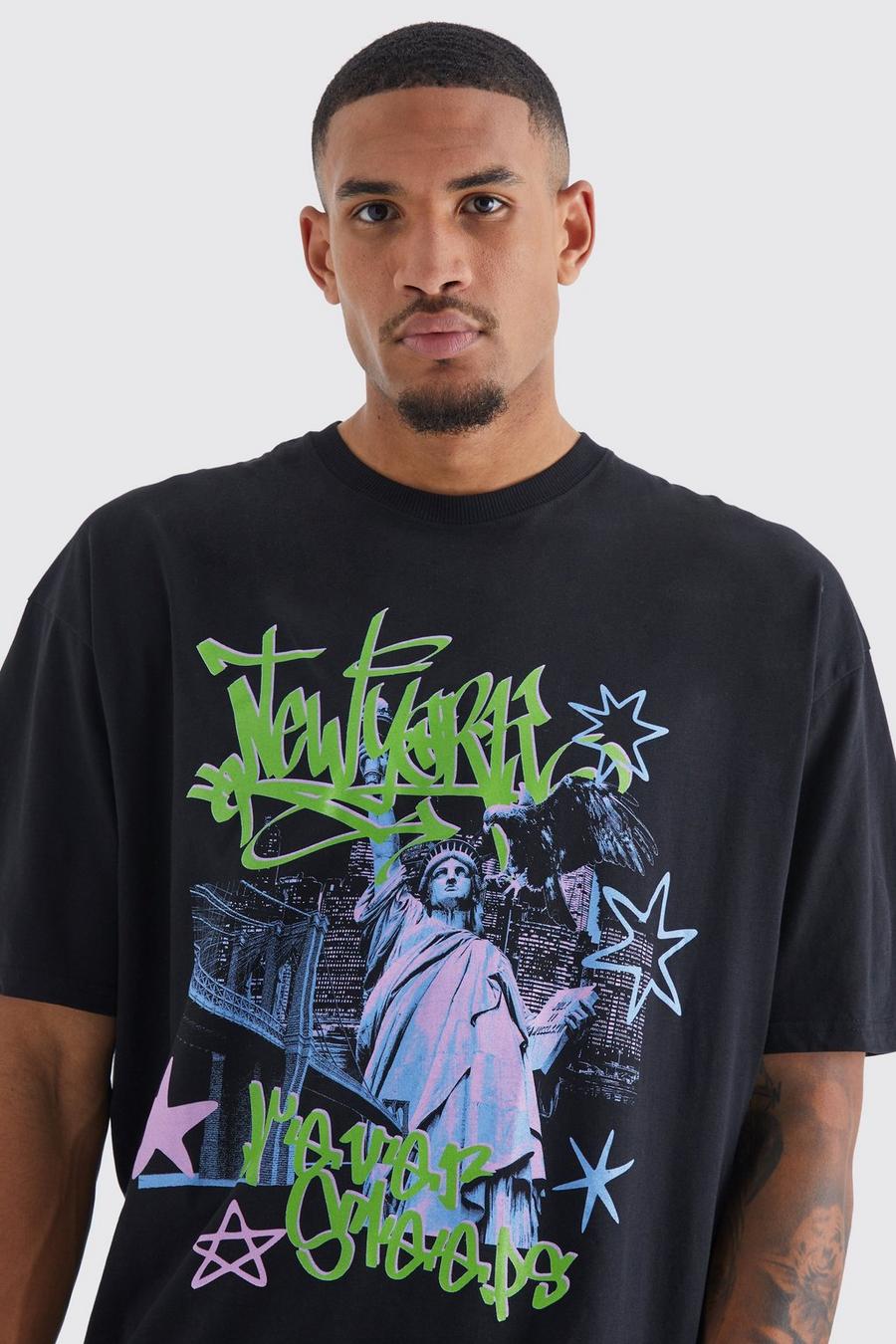 Tall Oversize T-Shirt mit New York Graffiti-Print, Black